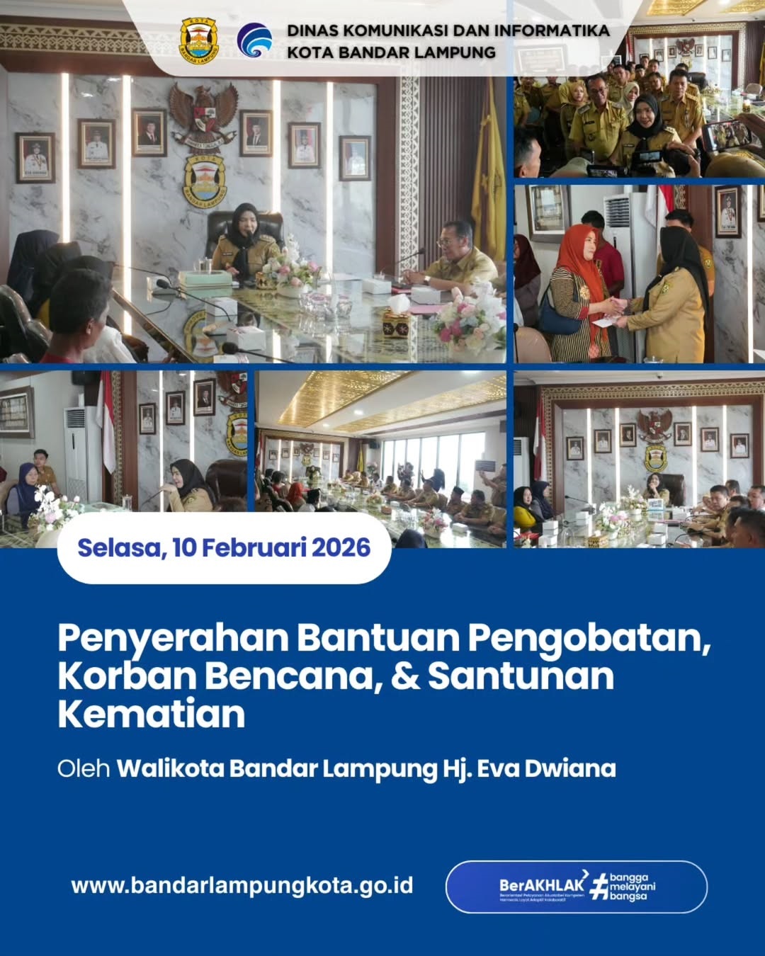 Wali Kota Bandar Lampung, Hj. Eva Dwiana, menyerahkan secara langsung Bantuan Pengobatan, Korban Bencana, dan Santunan Kematian kepada masyarakat Kota Bandar Lampung di Ruang Rapat Wali Kota, Selasa (10/2/2026).
